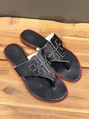 Tory Burch Jamie Black Leather Logo Thong Sandals with Red Trim